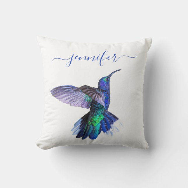 Lila Hummingvogel im Flug Personalisierter Name Kissen (Vorderseite)