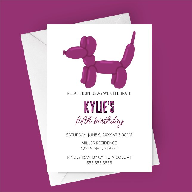 Lila Hund Ballon Tier Geburtstagsparty Einladung (Purple Dog Balloon Animal Birthday Party Invitation)