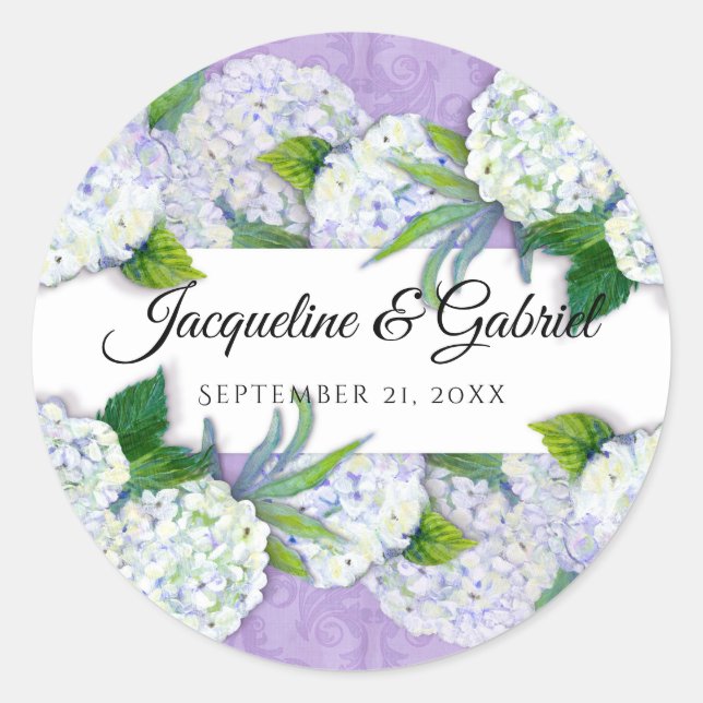 Lila Hydrangea Damask Muster Hochzeit Runder Aufkleber (Vorderseite)