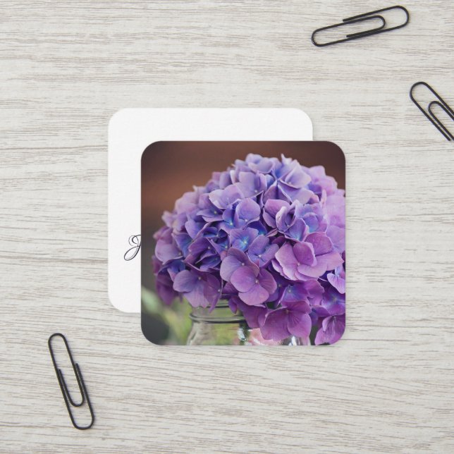 Lila Hydrangea in Mason Jar Fotografie Quadratische Visitenkarte (Vorderseite/Rückseite Beispiel)
