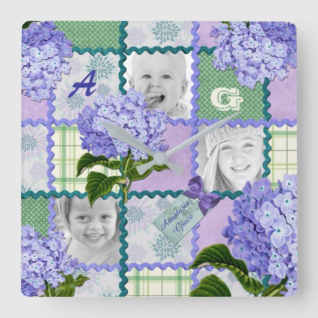 Lila Hydrangea Instagram Foto-Steppdecken-Collage Quadratische Wanduhr (Vorderseite)