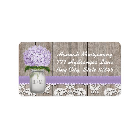 Lila Hydrangea-mit Monogramm Maurer-Glas Adressaufkleber
