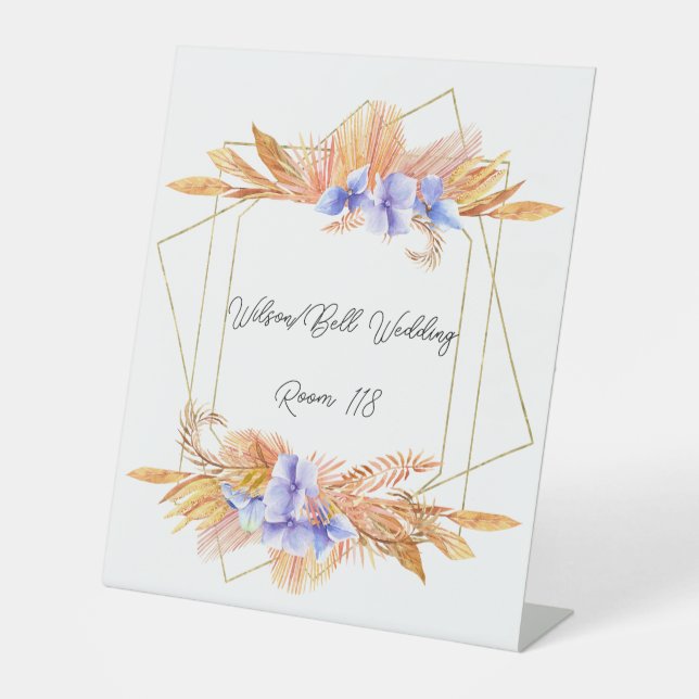 Lila Hydrangea Petals geometrische Rahmenhochzeit Sockelschild (Vorderseite)
