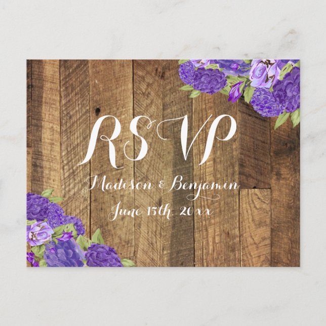 Lila Hydrangea Stallholz Hochzeit RSVP Postcard2 Einladungspostkarte (Vorderseite)