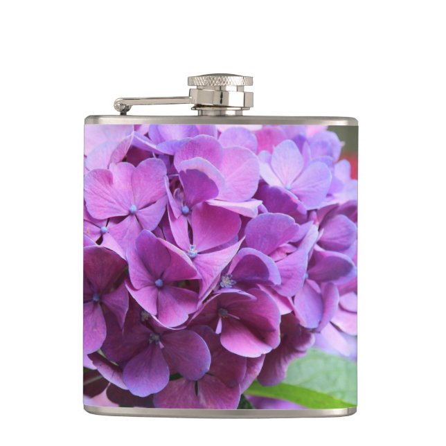 Lila Hydrangea Vinyl-Wrapped Flask Flachmann (Vorderseite)