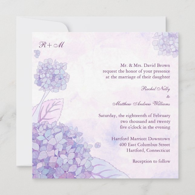 Lila Hydrangeas-Monogramm-Hochzeit Einladung (Vorderseite)