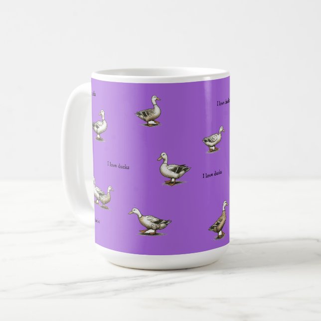 Lila Ich liebe Enten Kaffeetasse (Vorderseite Links)