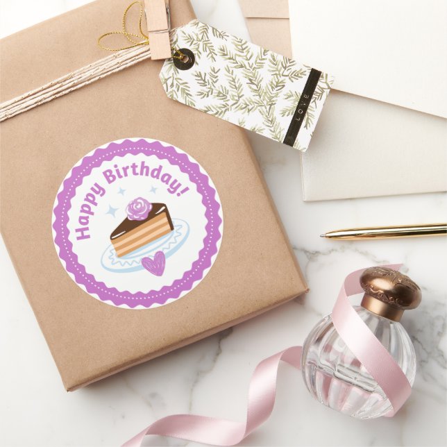 Lila Illustration Happy Birthday Cake Runder Aufkleber (Schenken)