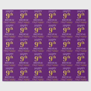 Lila, Imitat-Gold "GLÜCKLICHER 9. GEBURTSTAG " Geschenkpapier