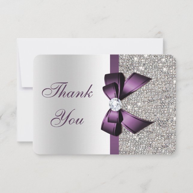Lila Imitate Bow Silver Sequins Diamond Vielen Dan Dankeskarte (Vorderseite)