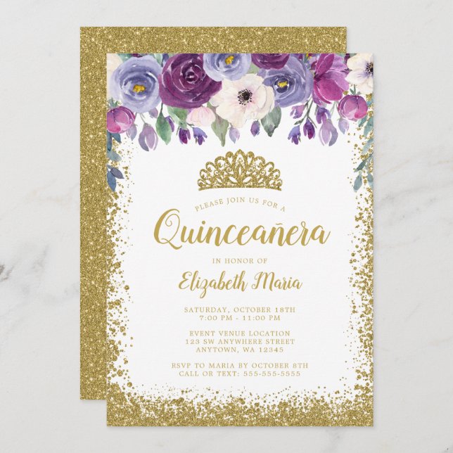 Lila Imitate der Blumenwelt Gold Glitzer Tiara Qui Einladung (Vorne/Hinten)