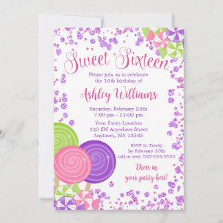 Lila Imitate Glitzer Candy Thema Sweet 16 Einladung