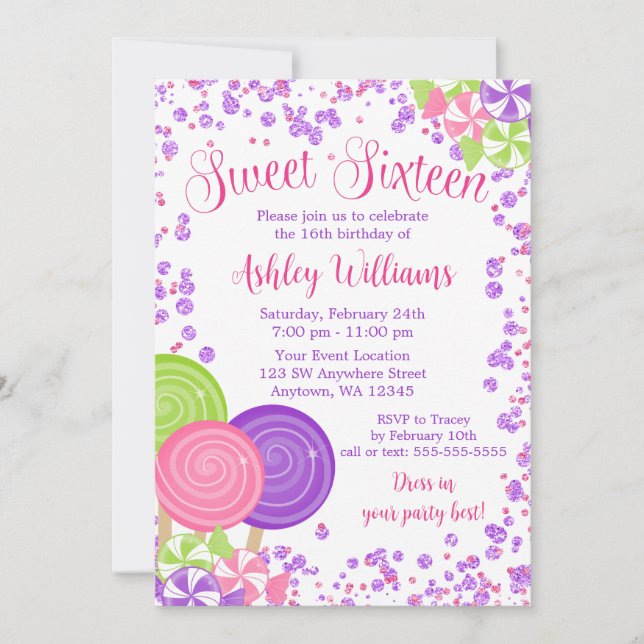 Lila Imitate Glitzer Candy Thema Sweet 16 Einladung (Vorderseite)