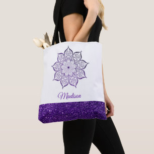 Lila Imitate Glitzer Mandala auf Weiß Tasche