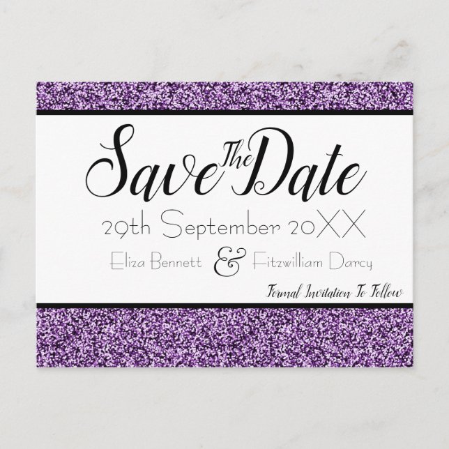 Lila Imitate Glitzer Save the Date Postkarte (Vorderseite)