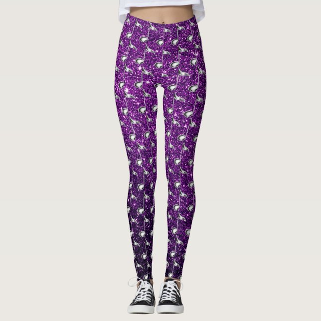Lila Imitate Glitzer Silver Musiknoten Leggings (Vorderseite)