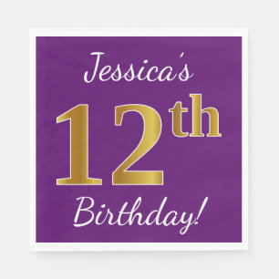 Lila, Imitate Gold 12. Geburtstag + Individuelle N Serviette