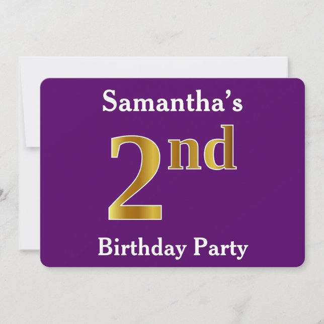 Lila, Imitate Gold 2. Geburtstag Party + Individue Einladung (Vorderseite)