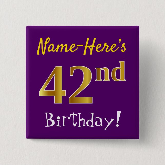 Lila, Imitate Gold 42. Geburtstag, mit Individuell Button (Vorderseite)
