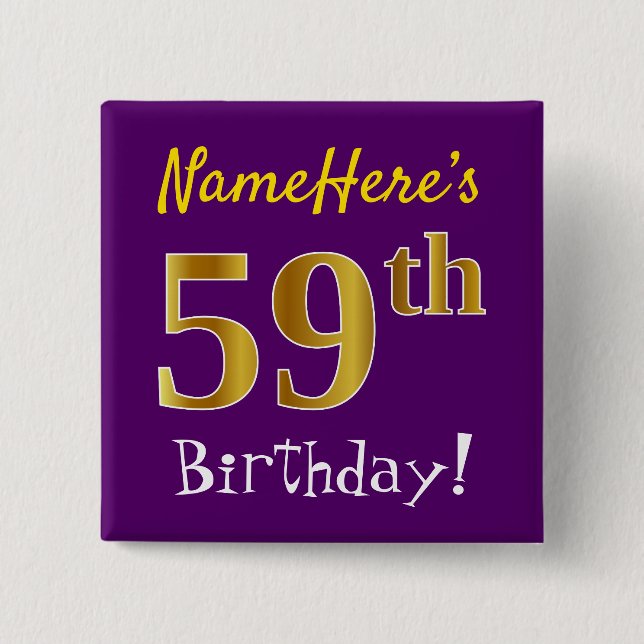 Lila, Imitate Gold 59. Geburtstag, mit Individuell Button (Vorderseite)