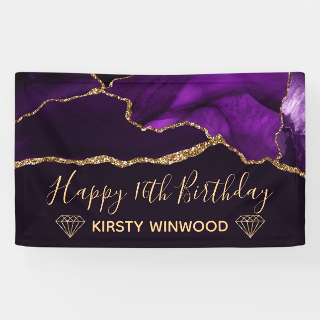 Lila & Imitate Gold Glitzer Agate Sweet 16 Banner (Horizontal)