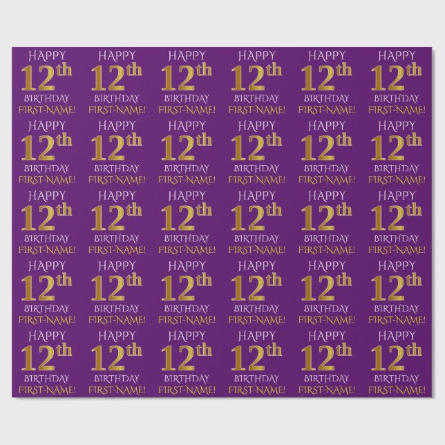 Lila, Imitate Gold "HAPPY 12. BIRTHDAY" Geschenkpapier (Flach)