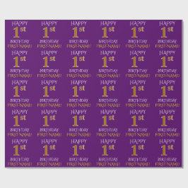Lila, Imitate Gold "HAPPY 1th BIRTHDAY" Geschenkpapier