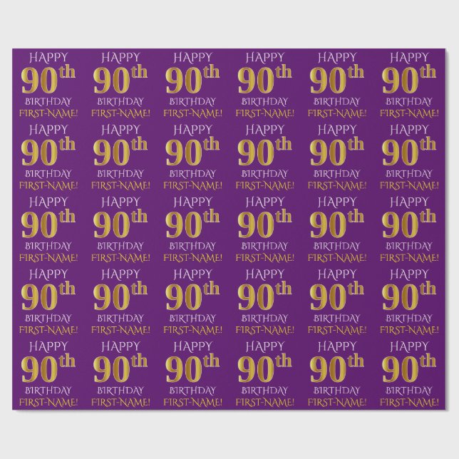 Lila, Imitate Gold "HAPPY 90. BIRTHDAY" Geschenkpapier (Flach)