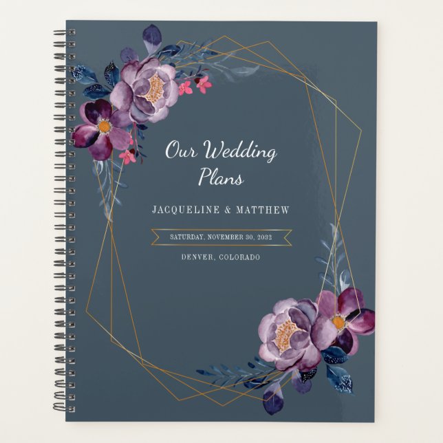 Lila Imitate mit Blumenschrift Gold Geometric Wedd Planer (Vorderseite)