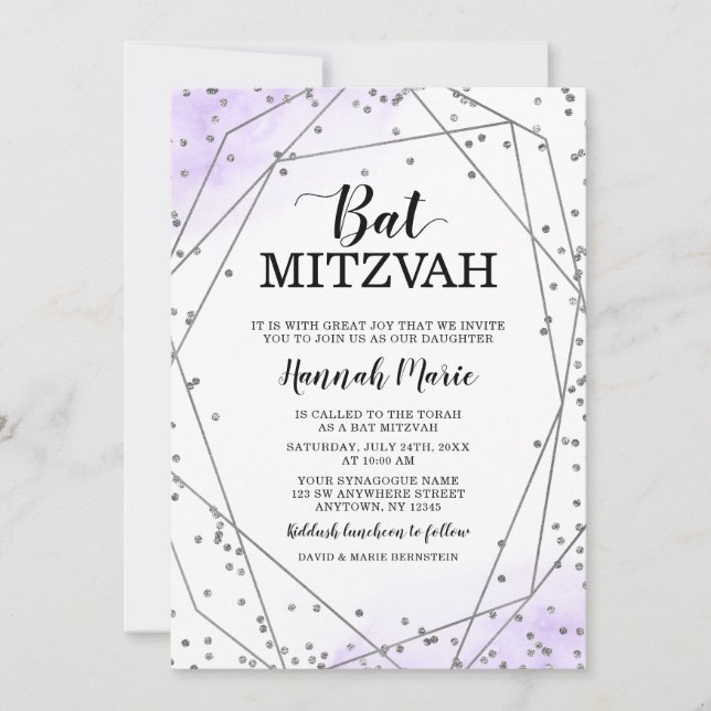 Lila Imitate Silver Glitzer Geometric Bat Mitzvah Einladung (Vorderseite)