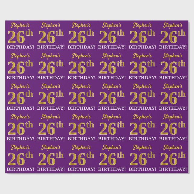 Lila, Imitation Gold Look "26. GEBURTSTAG" Geschenkpapier (Flach)