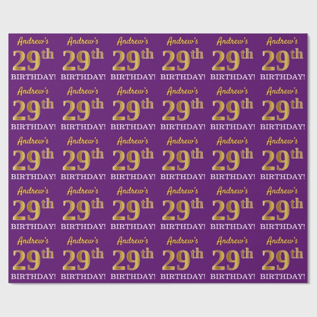 Lila, Imitation Gold Look "29. GEBURTSTAG" Geschenkpapier (Flach)
