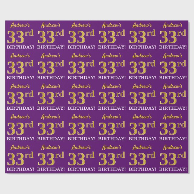 Lila, Imitation Gold Look "33. BIRTHDAY" Geschenkpapier (Flach)