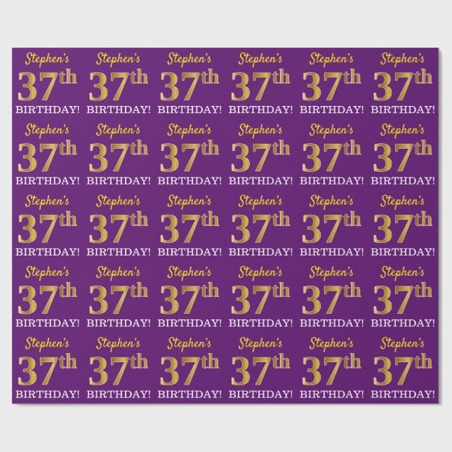 Lila, Imitation Gold Look "37. GEBURTSTAG" Geschenkpapier (Flach)