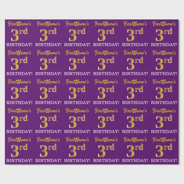 Lila, Imitation Gold Look "3. BIRTHDAY" Geschenkpapier (Flach)