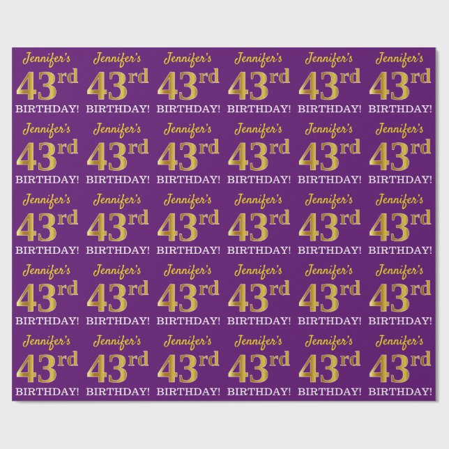 Lila, Imitation Gold Look "43. BIRTHDAY" Geschenkpapier (Flach)