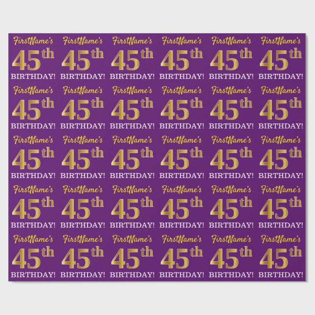 Lila, Imitation Gold Look "45. GEBURTSTAG" Geschenkpapier (Flach)