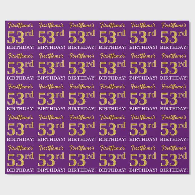 Lila, Imitation Gold Look "53. BIRTHDAY" Geschenkpapier (Flach)