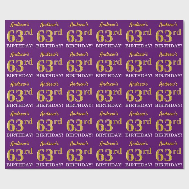 Lila, Imitation Gold Look "63. BIRTHDAY" Geschenkpapier (Flach)
