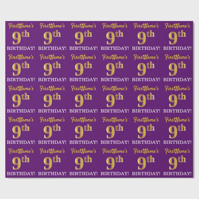 Lila, Imitation Gold Look "9. GEBURTSTAG" Geschenkpapier (Flach)