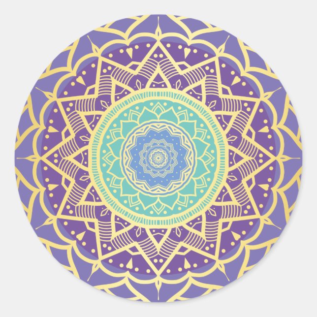 Lila Indigo Gold Turquoise Mandala Bohemisch Runder Aufkleber (Vorderseite)