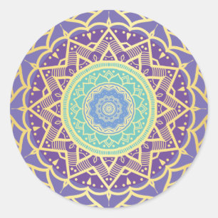 Lila Indigo Gold Turquoise Mandala Bohemisch Runder Aufkleber