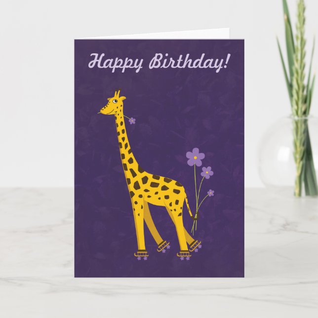 Lila, individualisierbarer Text Funny Giraffe Gebu Karte (Vorderseite)
