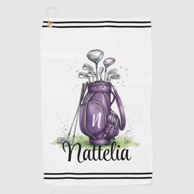 Lila Initialen Namens Monogramm Golf Handtuch (Vorderseite)