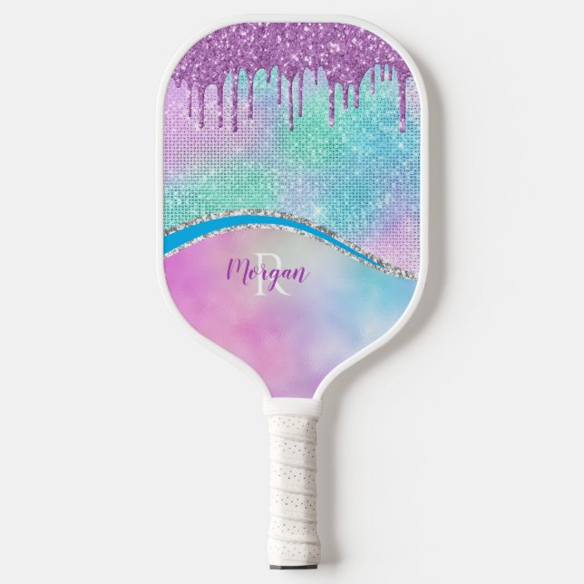 Lila Iridescent & Glitzer Tropfen, Name und Monogr Pickleball Schläger (Vorderseite)