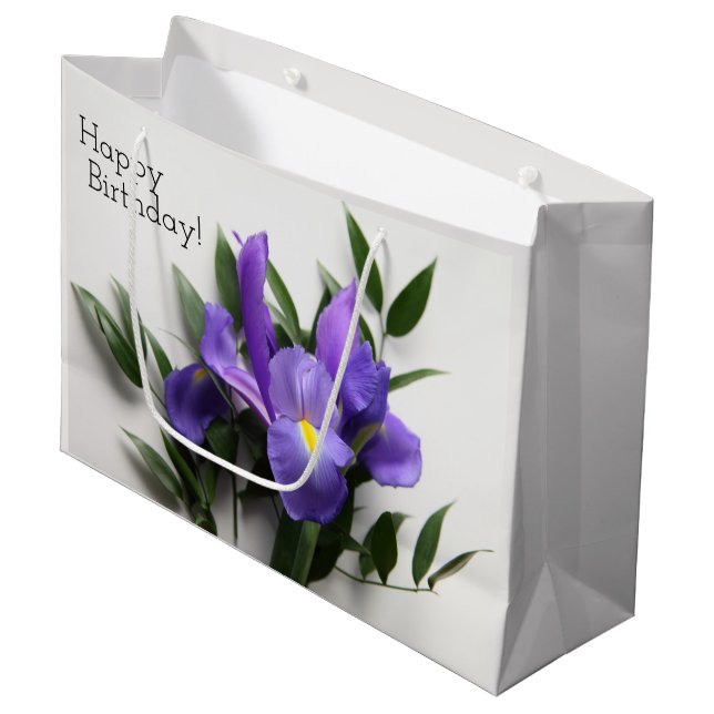 Lila Iris-Anordnung Große Geschenktüte (Vorderseite Schrägansicht)
