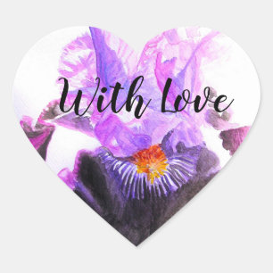 Lila Iris-Aquarell-Blume Floral Mit Liebe Herz-Aufkleber