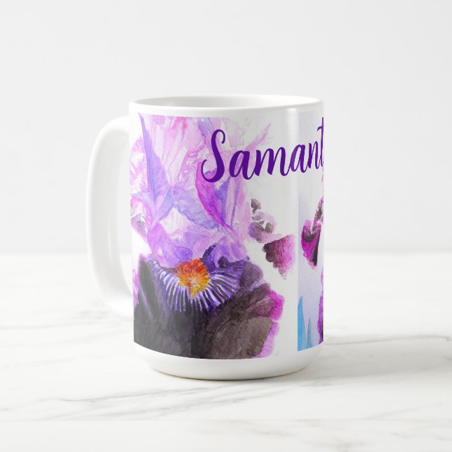 Lila Iris-Aquarell-Blumenmalerei Kaffeetasse (Vorderseite Links)