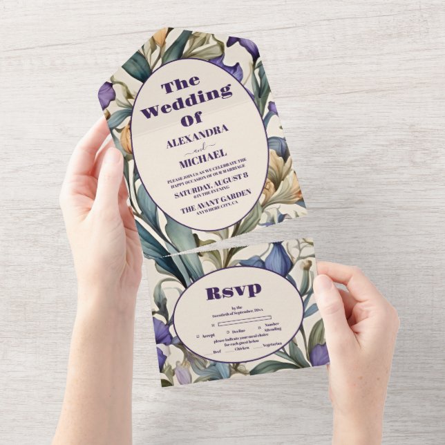 Lila Iris Art Nouveau Hochzeit All In One Einladung (Abreißen)