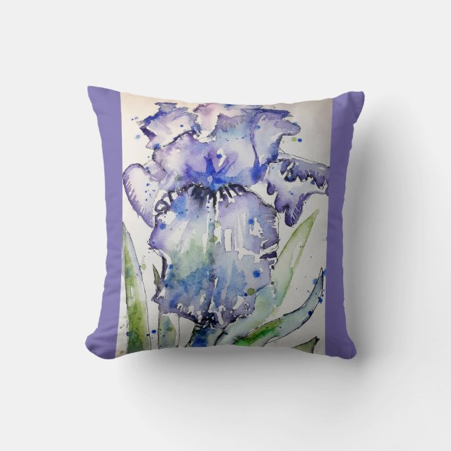 Lila Iris Art Wasserfarben Blume Blumenkissen Kissen (Vorderseite)